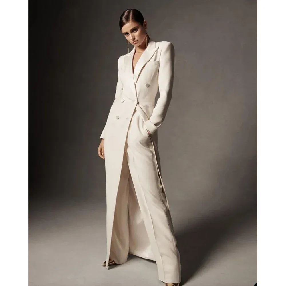 

White Double Breasted Long Blazer Women Suits Set Elegant Designer Wide Leg Pants 2 Pieces (Jacket+Pants)Set