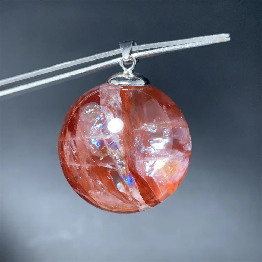 18-27MM Natural Fire Quartz Balls Pendants Necklaces Women Red Limonite Phantom Quartz Crystals Beads Rainbow Flash Lodolite,pendant necklace