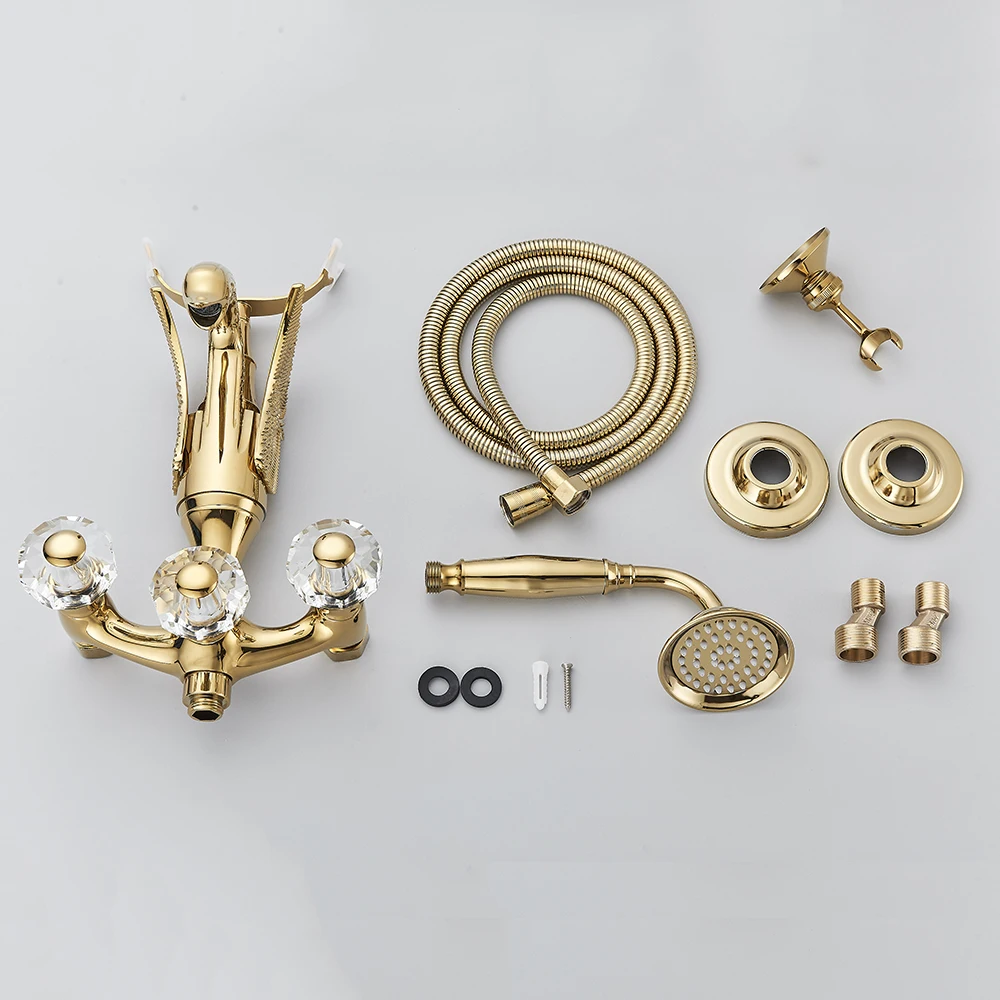 Onyzpily Gold/Antique Brass Washroom Bathtub Faucet Wall Mounted Swan Faucets Dual Handle Control Crystal Grip 5
