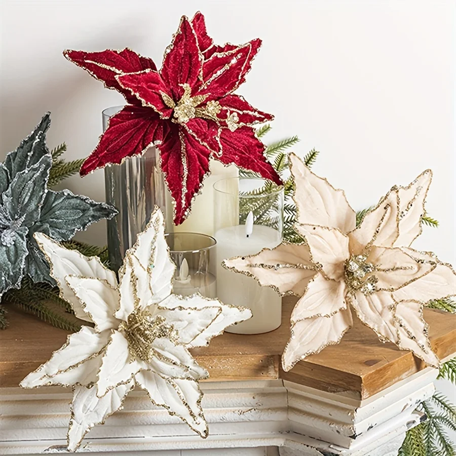 1/4 Stück Weihnachtsfeiertage, dekorative Blumen, künstliche Blumen, glänzende Pailletten-Samt-Weihnachtsblumen, 25,91 cm, Heimdekoration