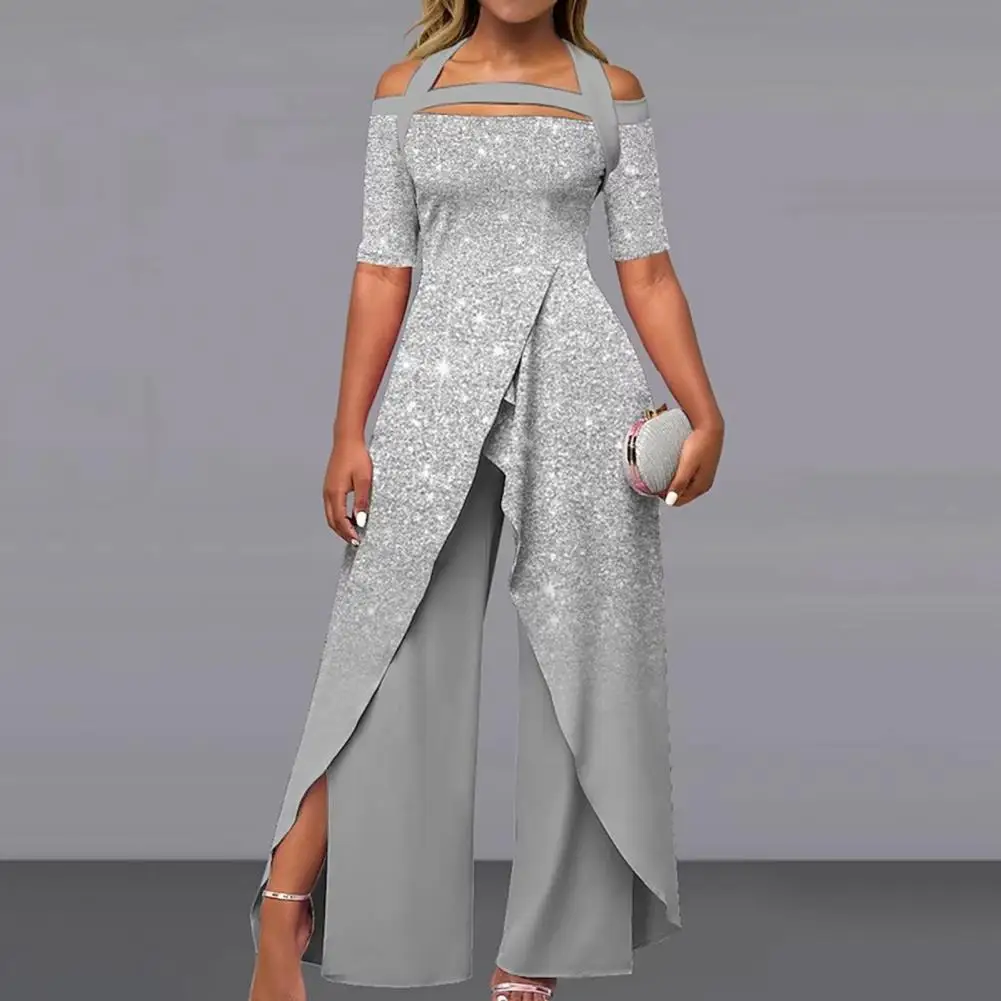 

Lady Jumpsuit Halter Neck Hollow Out Half Sleeve Off Shoulder Print Irregular Hem Wide Leg Straight High Waist Split Prom Ball
