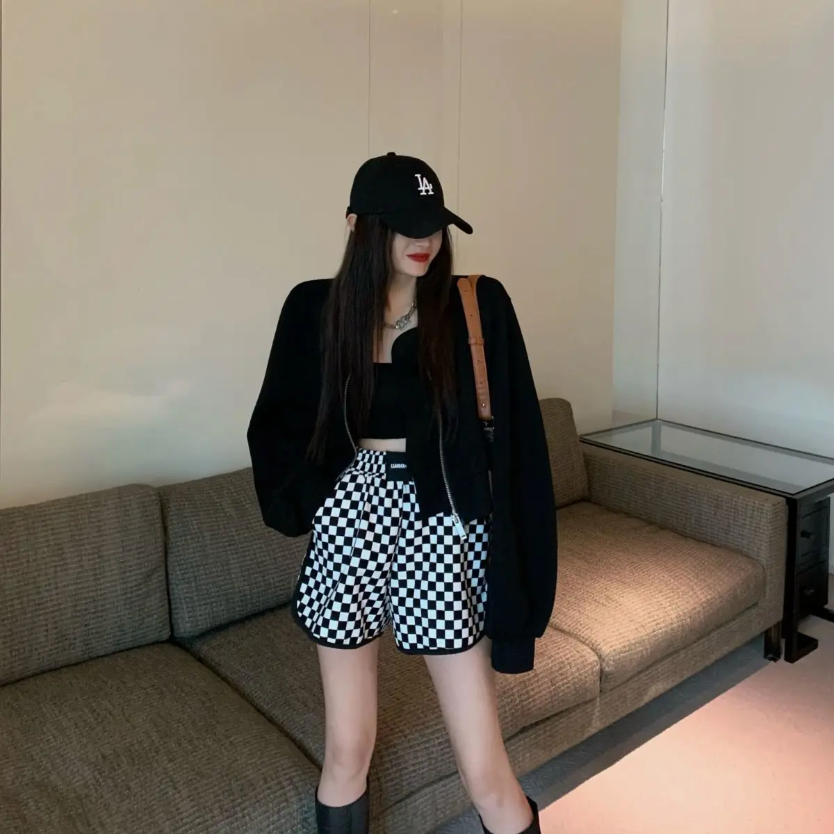 bike shorts women Casual pants women's new checkerboard high waist slim sports shorts fashion dress