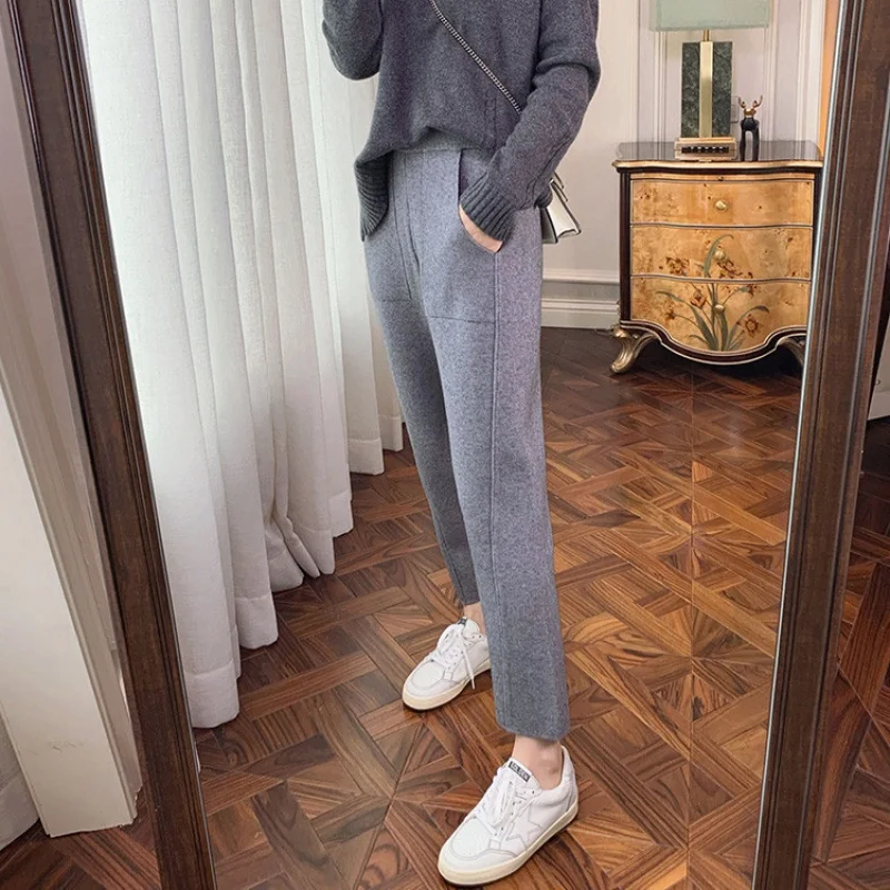 2024 Thick Loose Straight Wide-Leg Casual Cropped Cashmere Knitted Radish Grandma's Pants Women Wholesale