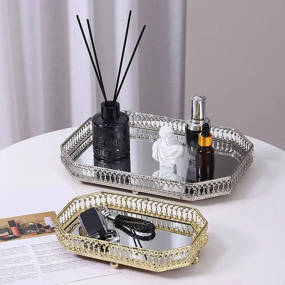 Vintage European mirror glass metal storage tray gold rectangle/round fruit plate desktop small items jewelry display tray plate