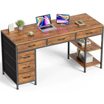 Computer Desk with 6 Drawers, 54 Inch Office Desk with Shelves, Reversible Gaming Desk, Corner Desk with Storage, Work fo 1