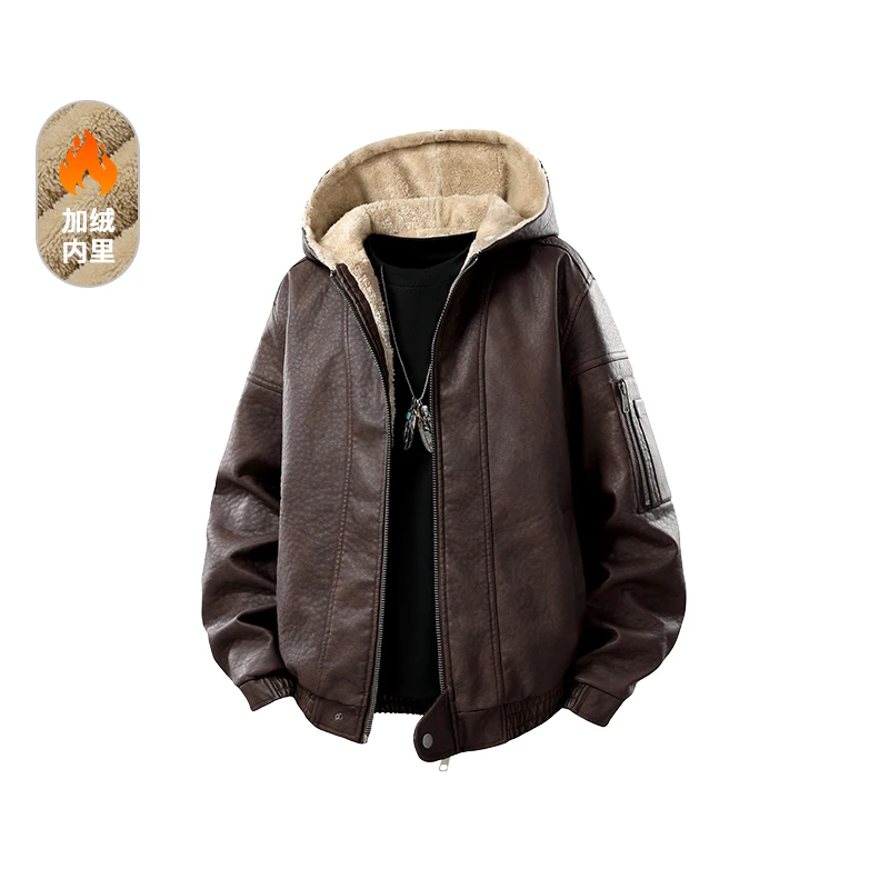 Casual Hooded Leather Jacket Warm Winter Mens Brand Quality PU Faux Leather Locomotive Jacket Thicken Fleece Motorcycle Coat - 4