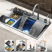 Stainless Steel Kitchen Sink Multifunction Waterfall Sinks Large Single Slot Digital Display Faucet Set Dishwashing Sinks 1