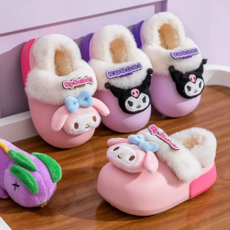 

Sanrio My melody Cinnamoroll Kuromi Hello kitty Детские Зимние плюшевые домашние водонепроницаемые Нескользящие хлопковые тапочки
