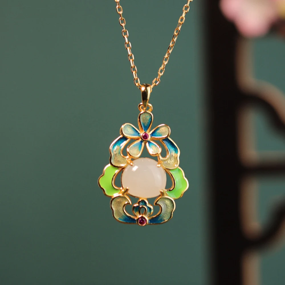 

2024 New S925 Silver Plated 18K Gold Pendant Necklace Women Colorful Jade Necklace Chinese style Sterling Silver Collar Chain