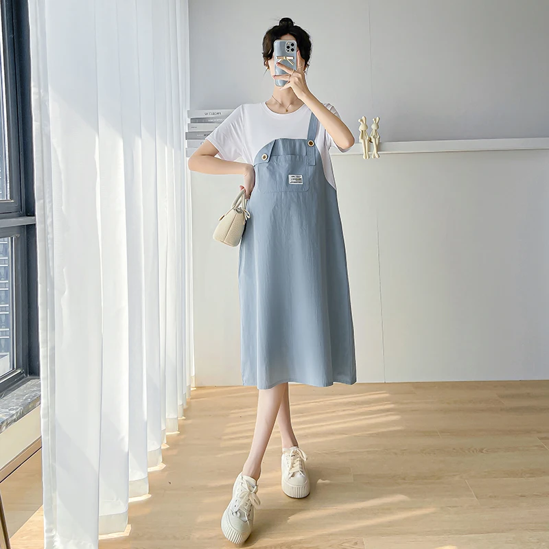 

Pregnant Women Clothing Summer Camisole Dress Fake Two Pieces Cotton Short Sleeve T-shirt Block Color Patchwork Maternity Dress