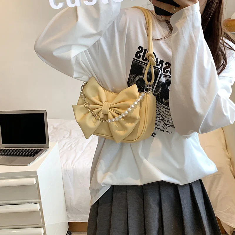 HAEX New Design Women's Bag 2022 Trend Fashion Bow Pleated Underarm Shoulder Bag Individuality Summer Chains Beading Handbag