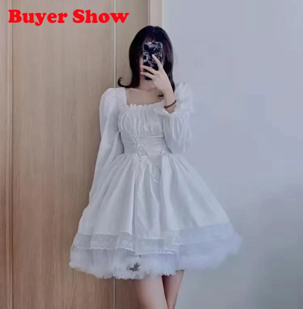 Vintage Gothic Dark Black Dress Japanese Harajuku Sweet Lolita Streetwear Square Neck Lace Women Lolita Dress White Long Sleeve