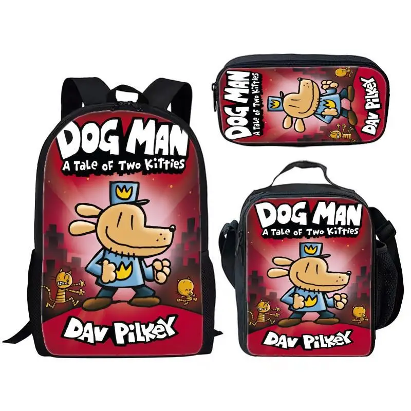 Dog Man Detective Dog Three Piece Set for Children and Elementary School Students, Large Capacity Backpack, Meal Bag, Pen Bag 5