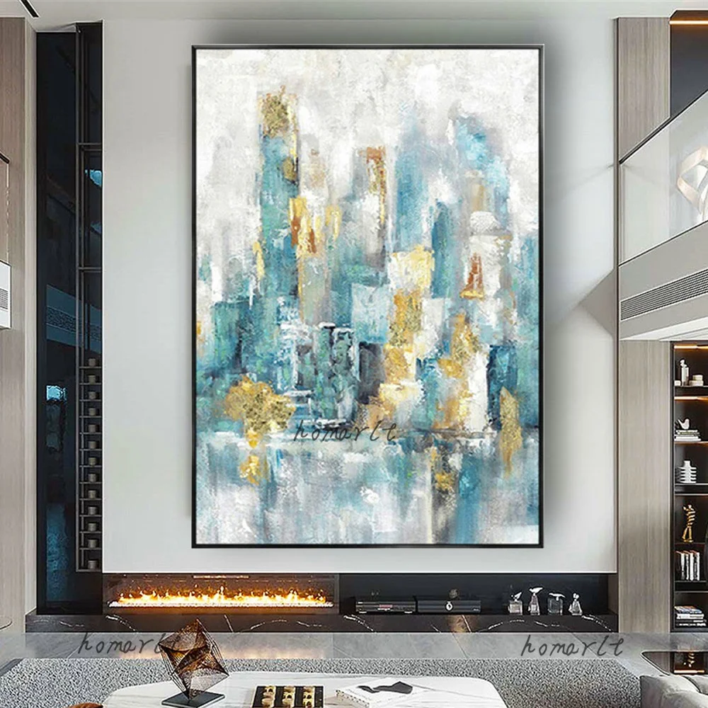 

100% Handmade Modern Abstract City Landscape Oil Painting Green Wall Art For Home Decor Living Room Decoration Sitting Decorate