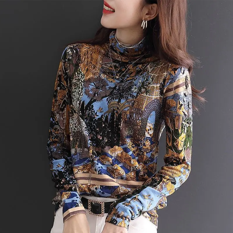 

Spring and Autumn Women's Solid Color High Neck Pullover Slim Fit Loose Printed Long Sleeve Underlay Knitwear Fashion Tops