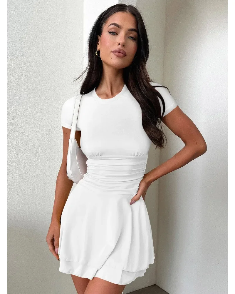 Fashion Folds Ruffled Mini Dress For Women Summer New Solid Color Short Sleeves Female Clubs Party Sexy Slim Fit Dress
