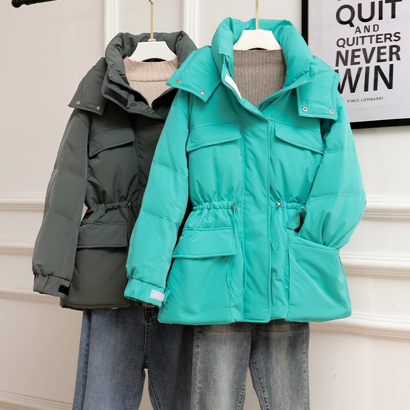 Ailegogo New Winter Women Hooded 90 White Duck Down Short Coat Stand Collar Thick Warm Pocket