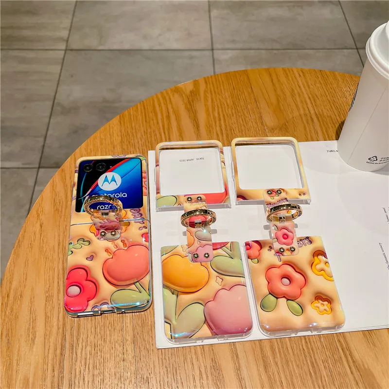 Ring Blu-ray Flower Phone Case For Motorola MOTO Razr 40 Ultra PC Protective Cover