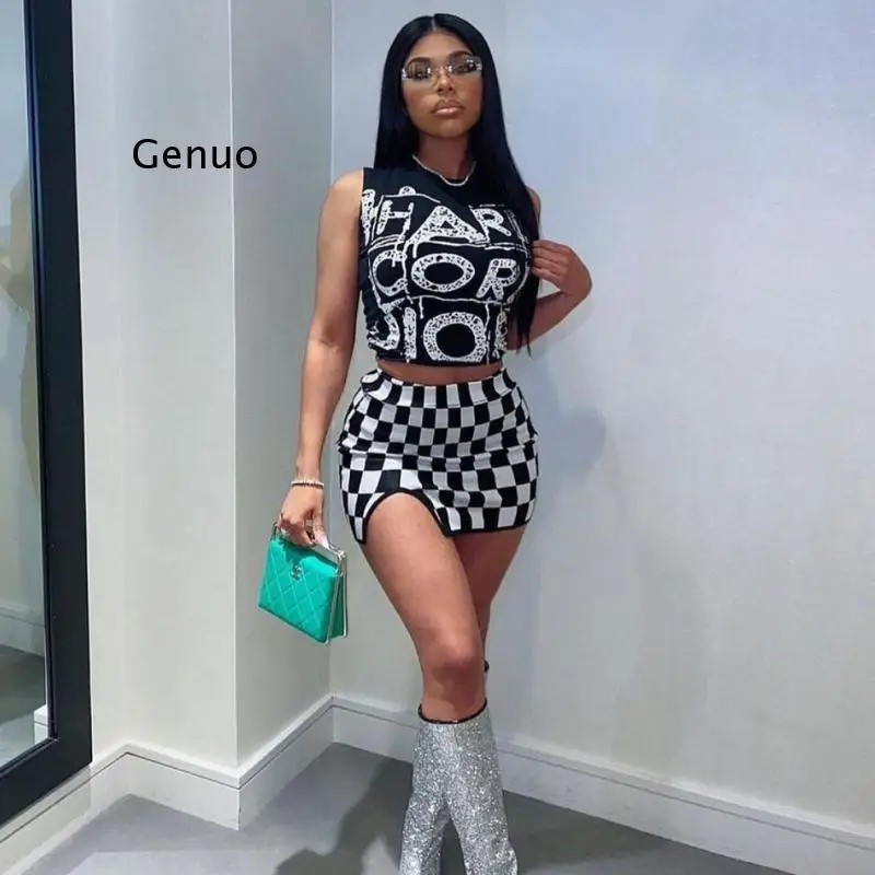 

Женский модный комплект из двух предметов, привлекательный квадратный жилет и юбка в клетку с разрезом, лето 2022