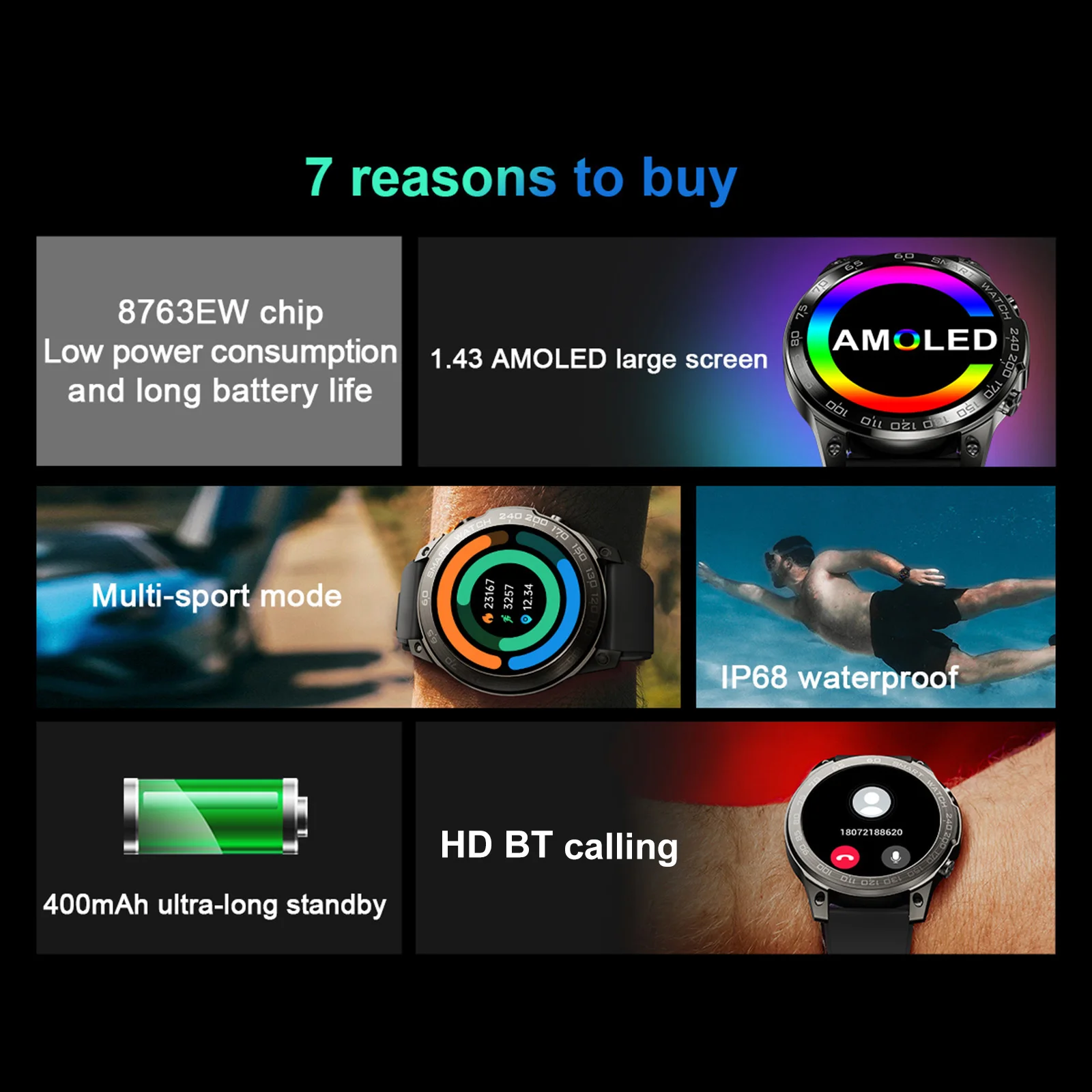 DM50 Ʈ ġ 1.43 &ũ ƮϽ ƮĿ IP68  BT ȣ  ɹڼ   Smartwatch