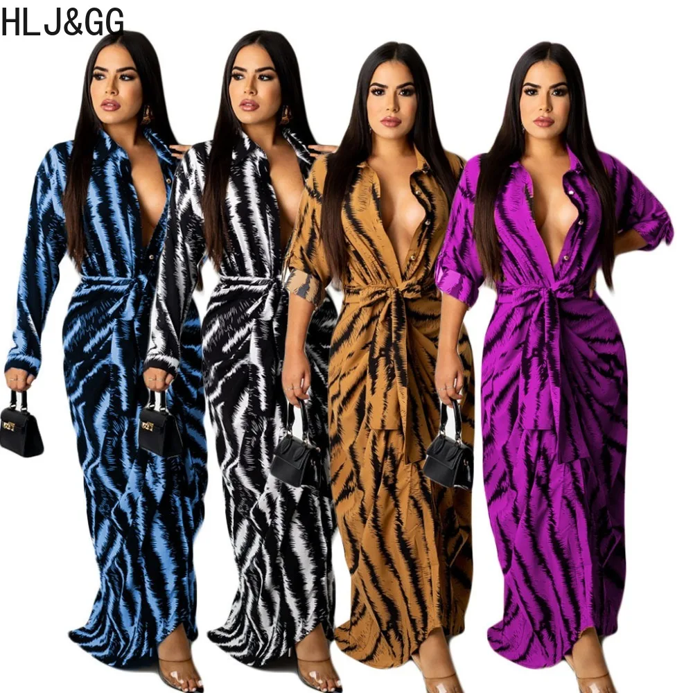 

HLJ&GG Autumn Casual Printing Bandage Maxi Dresses Women Long Sleeve Button Slim Robe Vestidos Female Ruched Matching Clothing