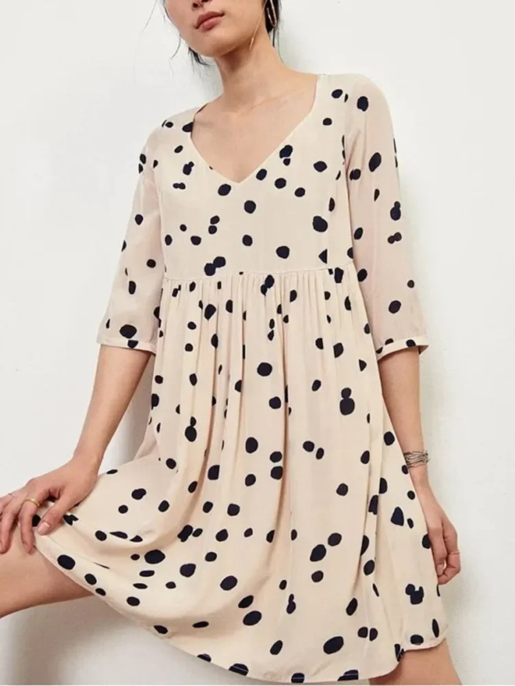 

Short Robes for Women 2023 New Pleated Polka Dot V-neck Loose Vintage Half Sleeve Mini Dress
