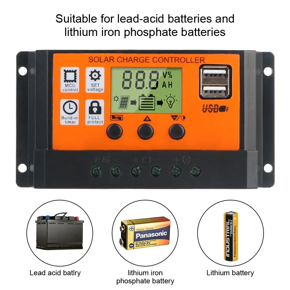 Solar Controller LCD Accessories 10A, 10A 20A 30A 12V 24V Automatic Identification Photovoltaic Regulator Color Screen Timer