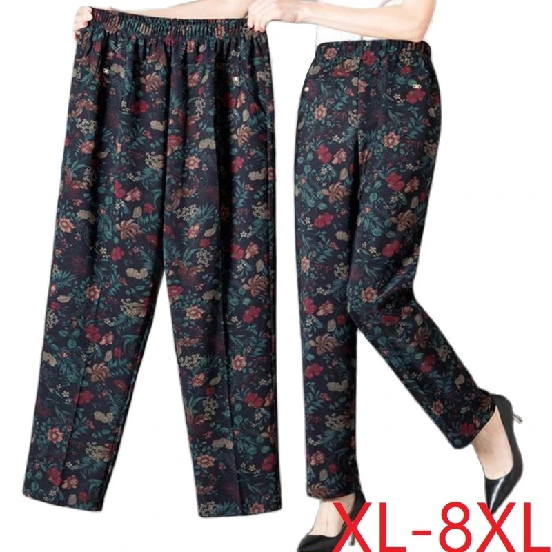 8XL pantaloni da donna di mezza età nuova stampa elastici pantaloni Casual a vita alta pantaloni dritti caldi in velluto invernale pantaloni Oversize della nonna 4