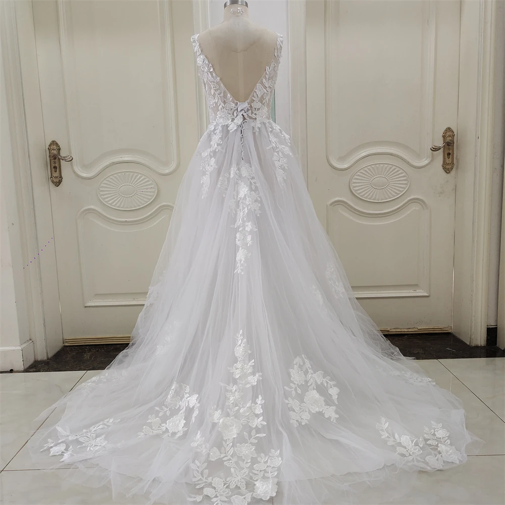 ZJ6002 Customized Boho V-neck Wedding Dresses Spaghetti Straps Appliques Corset Beach Tulle Bridal Gown Lace Floor Length 2