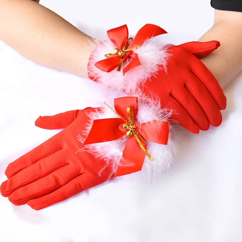 

2 Styles Red Fur Edge Big Bowknot Full Finger Gloves Christmas Santa Claus Party Dance Wedding Mittens Hand Decoration