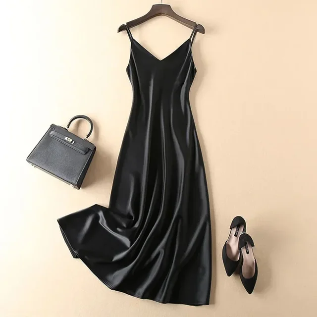 QNPQYX-vestido Sexy con tirantes finos y espalda descubierta para mujer, vestido largo elegante de seda satinada con cuello en V, vestidos coreanos ceñidos para fiesta nocturna 2