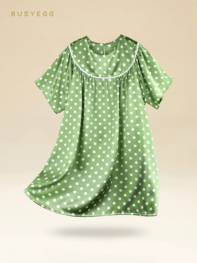 

Retro Fresh Style Pea Green Polka Dot Printed Nightgown Children's Natural Silk Nightdress Girl Summer Kids Real Silk Home Dress