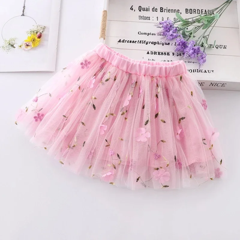 New Embroidery Kids Girls Mesh Skirts Princess Pretty Stars Sequined Pleated Tutu Floral Girl Lace Faldas Dance Clothes