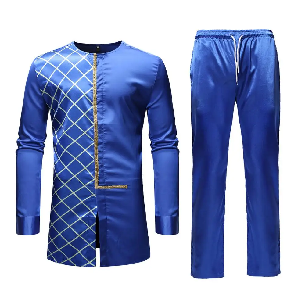 2023 Mens Dark Blue African Clothes Traditional African Dashiki Print Tops Pants Set 2 Pieces Outfit Set Casual African Clothing