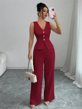 2026 Summer New Solid Color Two Piece Sets Women V-neck Sleeveless Slim Single-breasted Vest Top + Wide-leg Trousers 2-piece Set 1