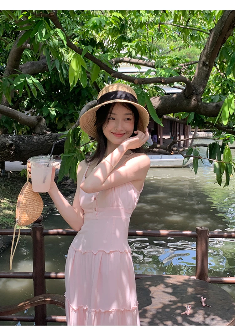French Elegant Dresses for Women Solid Spaghetti Strap Summer New Ruffles A-line Casual Korean Chic Midi Vestidos Mujer