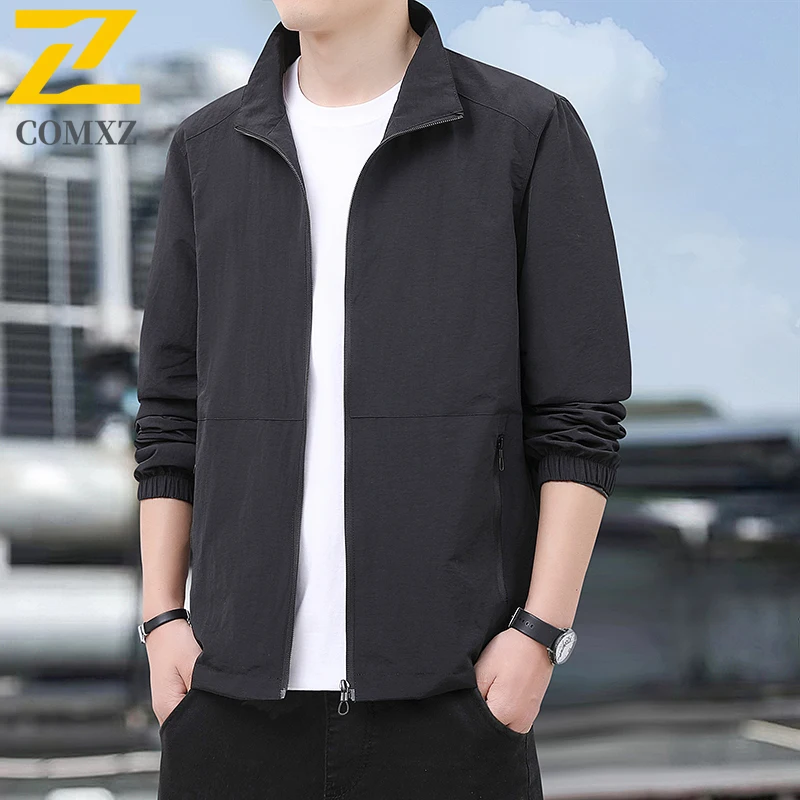 EiAO Jacket Men Stand Collar Korean Style Slim Fit Casual Coat Plus Size Waterproof Windproof Outdoor for Hiking Camping Fishing