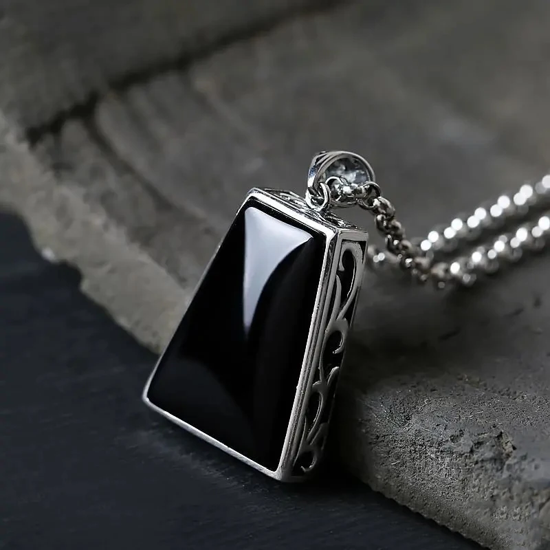 Original design geometric black agate pendant necklace retro domineering creative men and women charm brand silver jewelry pendant necklace silver necklace silver pendant silver necklace charms