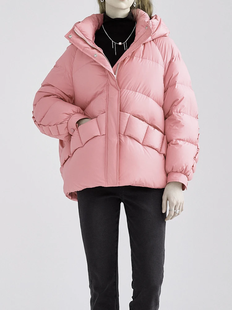 Warm Pink Hooded duck down jacket for women 2023 Autumn winter Long sleeve puffer coat loose Korean style Overcoat INKEO 3O177