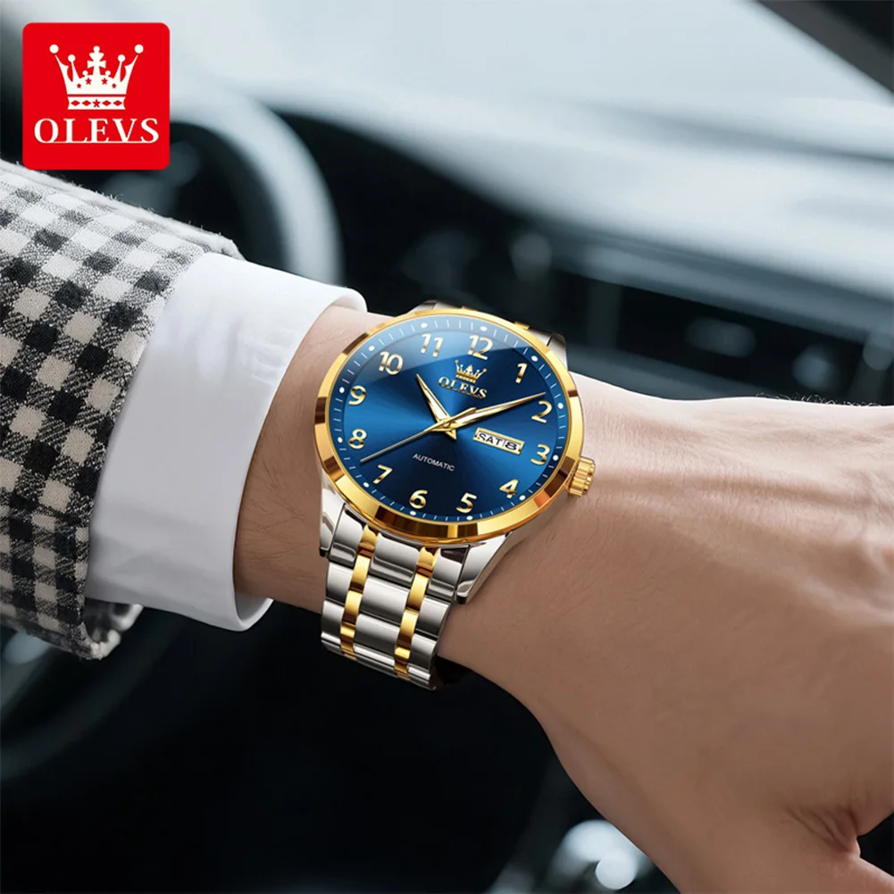 OLEVS 7078 Men's Watch Original Number Scale Mechanical Watch For Men Dual Calendar 30M Waterproof Fashion Automatic Wristwatch