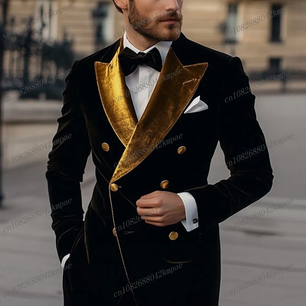 New Velvet Gold Collar Black Men Suit Formal Business Groom Groomsman Wedding Party Prom Male Tuxedos 2 Piece Set Blazer Pants