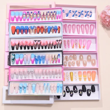 Summer Press on Nails Almond Fake Nails Colorful Glue on Nails with Design Glossy Acrylic Nails Stick on Nails Artificial Nails 1