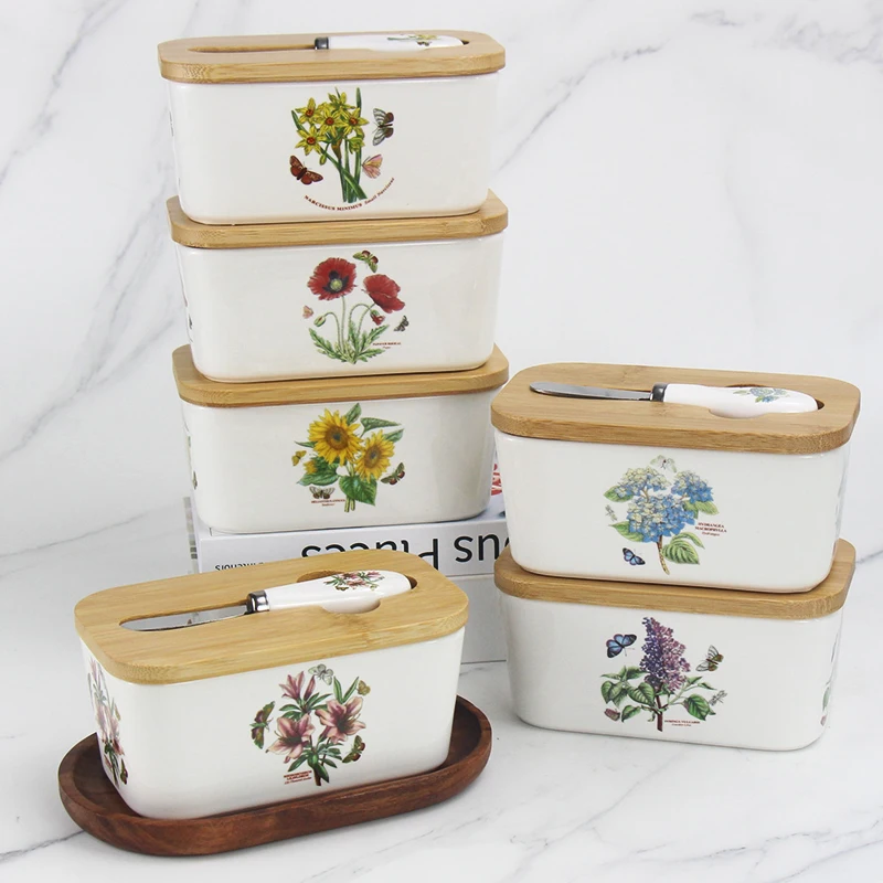 European Ceramic Butter Container Box Flower Storage Box Cheese Tool with Knife Bamboo Cover Butter Slice Dish Tableware