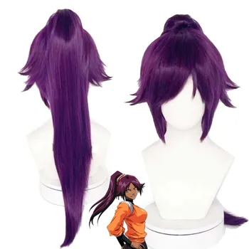 Parrucche Cosplay Shihouin Yoruichi in Fibra Sintetica Resistente alle Alte Temperature, Viola Misto, Lunghe con Coda a Cipolla