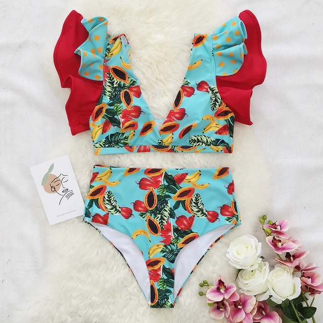 Bikini de cintura alta volantes para mujer, de baño Sexy con estampado de Papaya, espalda descubierta y cuello en V, traje de baño de dos con realce - AliExpress