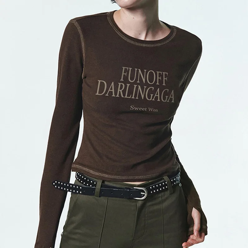 

Slimming Long Sleeve Top Letter Print Woman Clothing 2024 Spring Hot Girl Base Layer Short T-shirt Y2k Stitch Tees Crop Tops