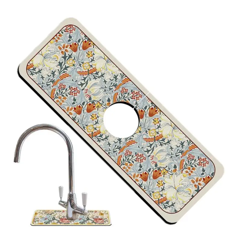 

Splash Guard For Sink Diatom Mud Floral Pattern Splash Guard Mat For Kitchen Quick Draining Pad Behind Faucet Countertop Protect