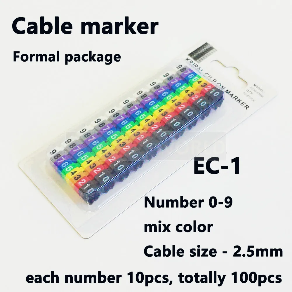 플라스틱 케이블 마커 라벨 EC-0 와이어 마커, 컬러 PVC 케이블 마커 절연 마커, 0-9 케이블 번호, 크기 1.5 sqmm