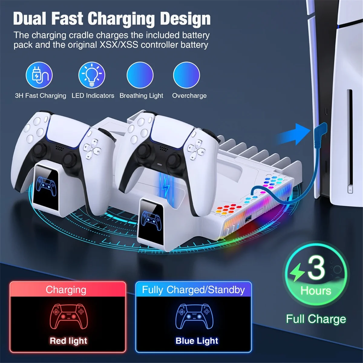 S3000 RGB Vertical Stand Cooling Station Controller Charger for PlayStation 5 Slim/PlayStation 5 Digital/Disc-ABRJ