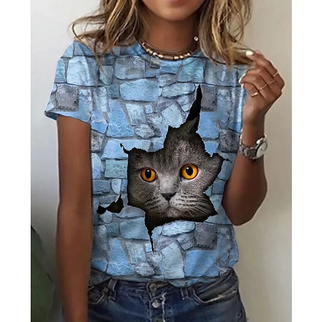 New  Printing Cute Cat/Cat Printing Female T-shirt Fashion Fitness Girl Short-sleeved Tops Fashion Casual Niche Design Clothing VRBI-1
